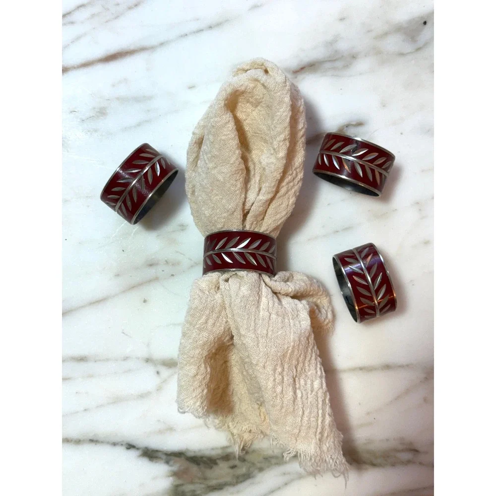 Vintage Burgundy Enamel Silver Leaf Napkin Rings Set of 4 Made in Hong Kong